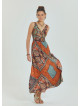 V Neck Robe Coffee Patterned Long Dress 4558